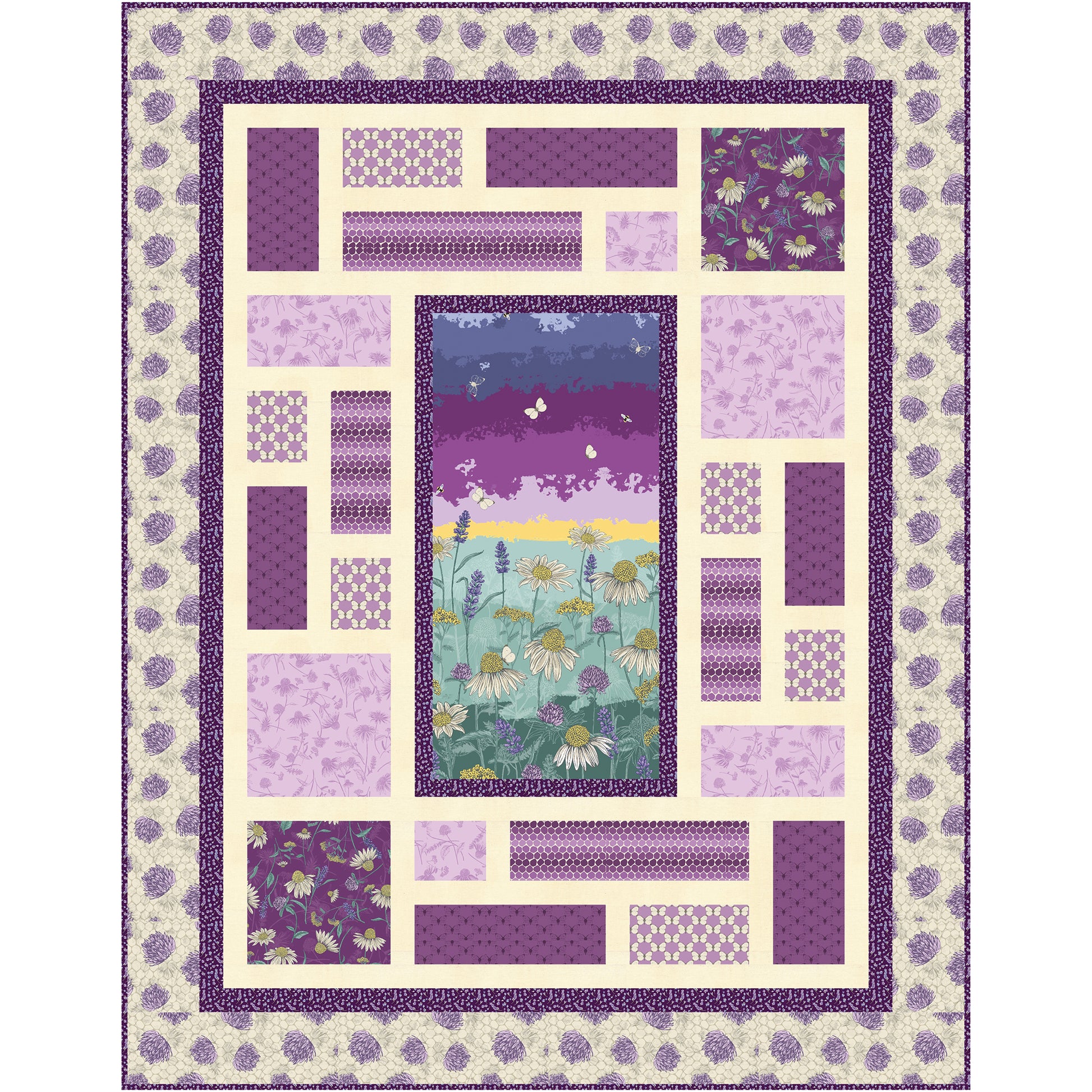 This quilt showcases a bright panel of wild flowers with purples and yellows. Inside design is bordered by bricks of different shapes in complimentary colors and fabric designs.