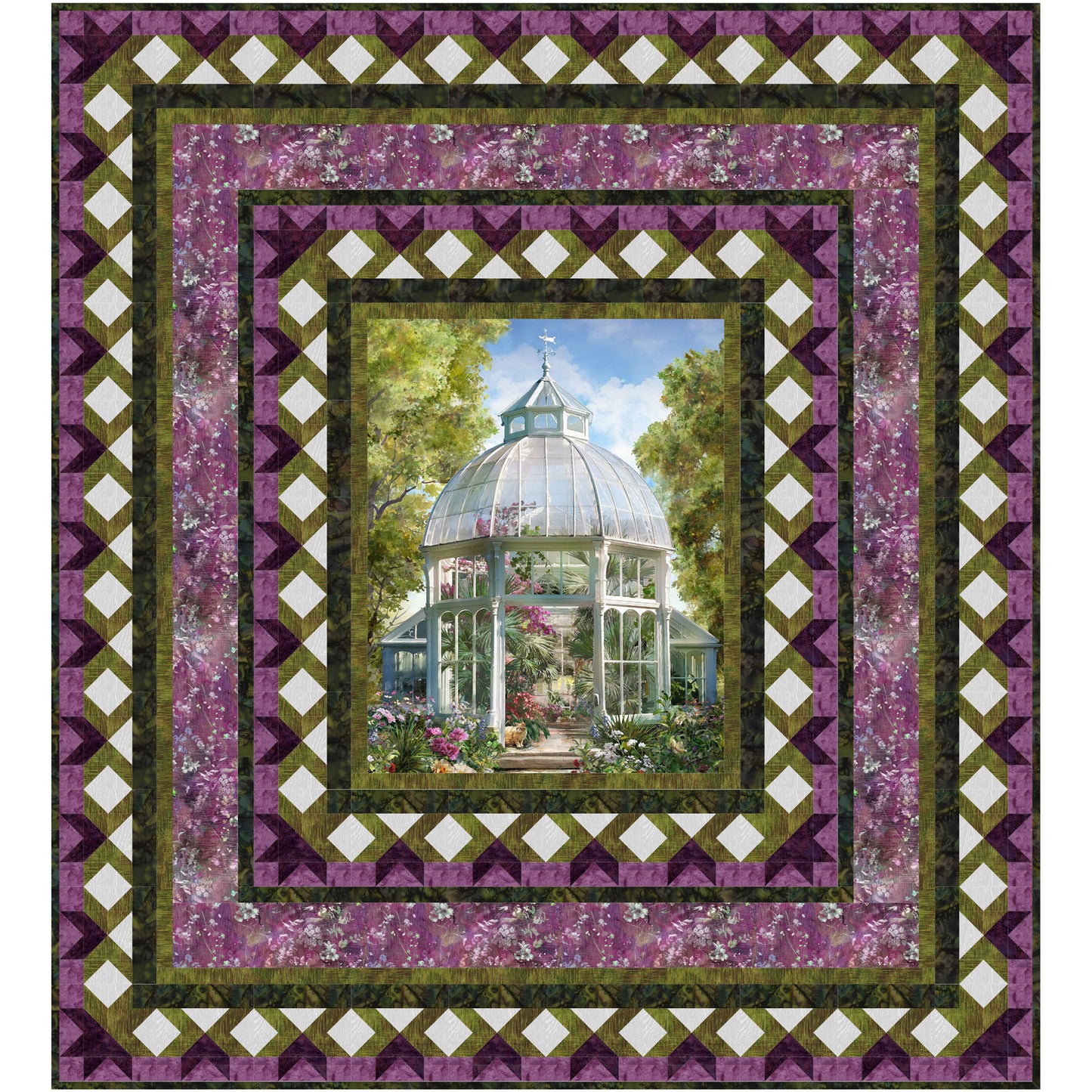 Quilt featuring garden scene with a gazebo on purple background.