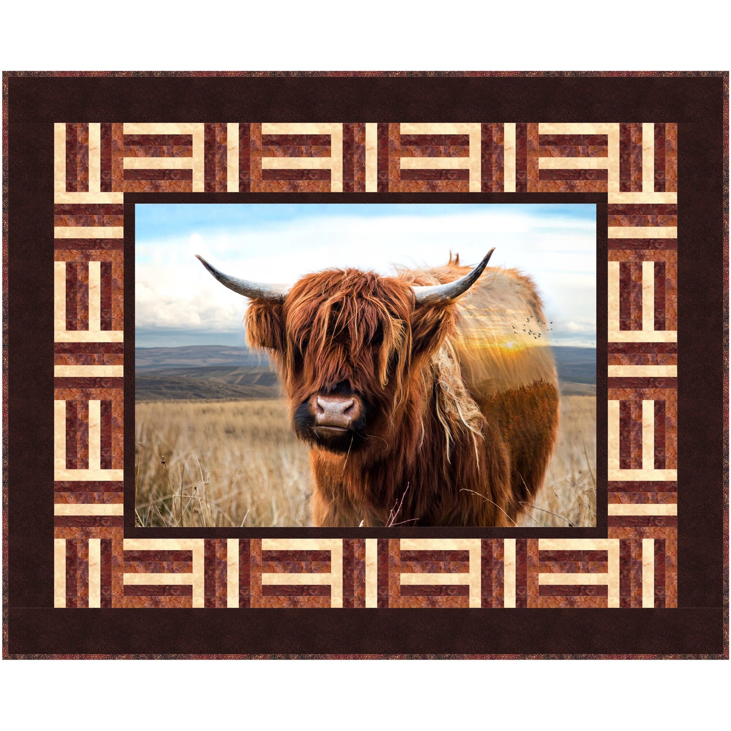 Iconic Highland cow quilt amidst rolling hills and lush landscapes in square frame.