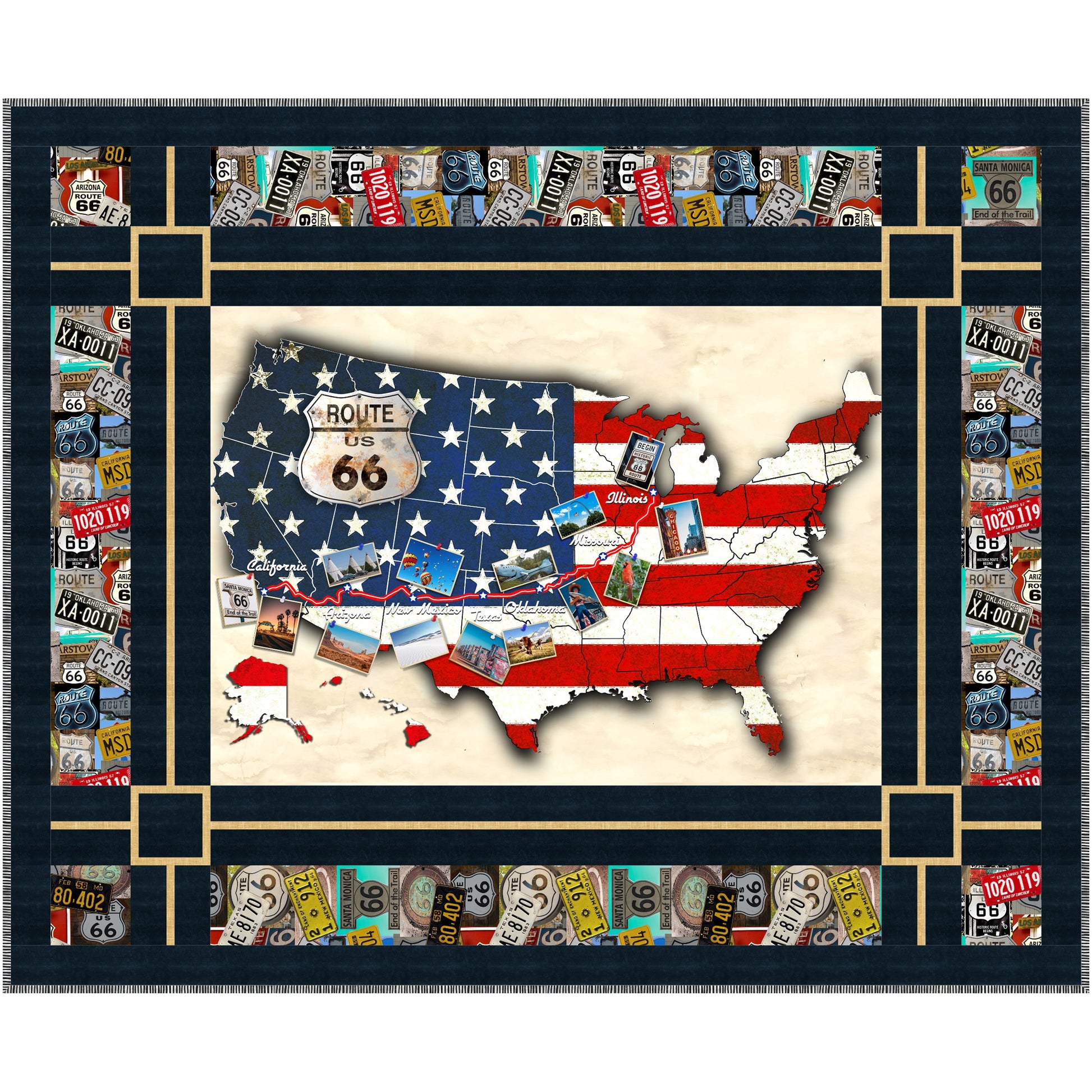 Quilt of map of the US which includes Route 66 and photos with lisence plate border.