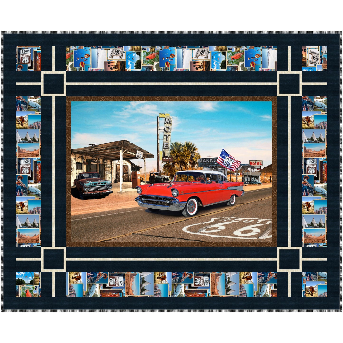 Quilt features an old car on Route 66 with border of photos.