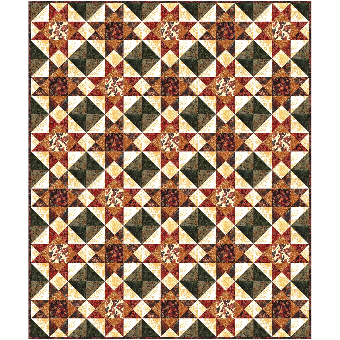 A beautifully crafted quilt adorned with a star pattern in rich red, green, and brown hues, perfect for any home decor.