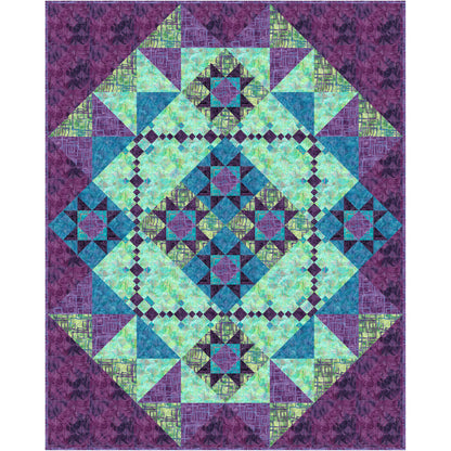 Whimsical geometric quilt pattern in purples and teals.