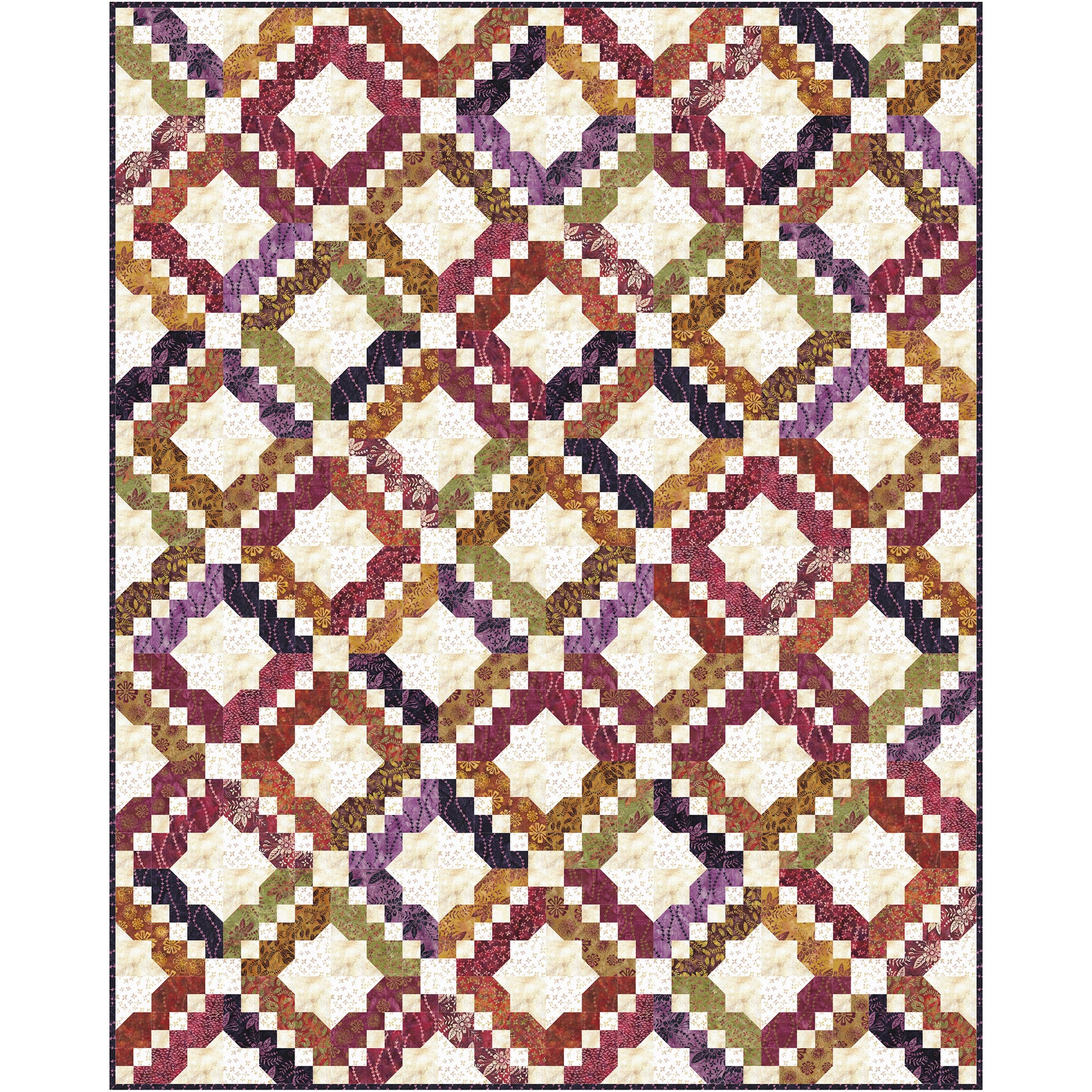 Quilt features neutral colored stars with colorful borders in diamonds all neutral or earthy colors. Really pretty. Could be masculine or bright if changing up the colors.