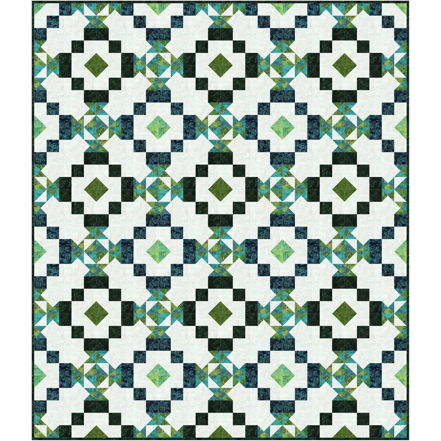 Vibrant quilt featuring green, blue, and white design.