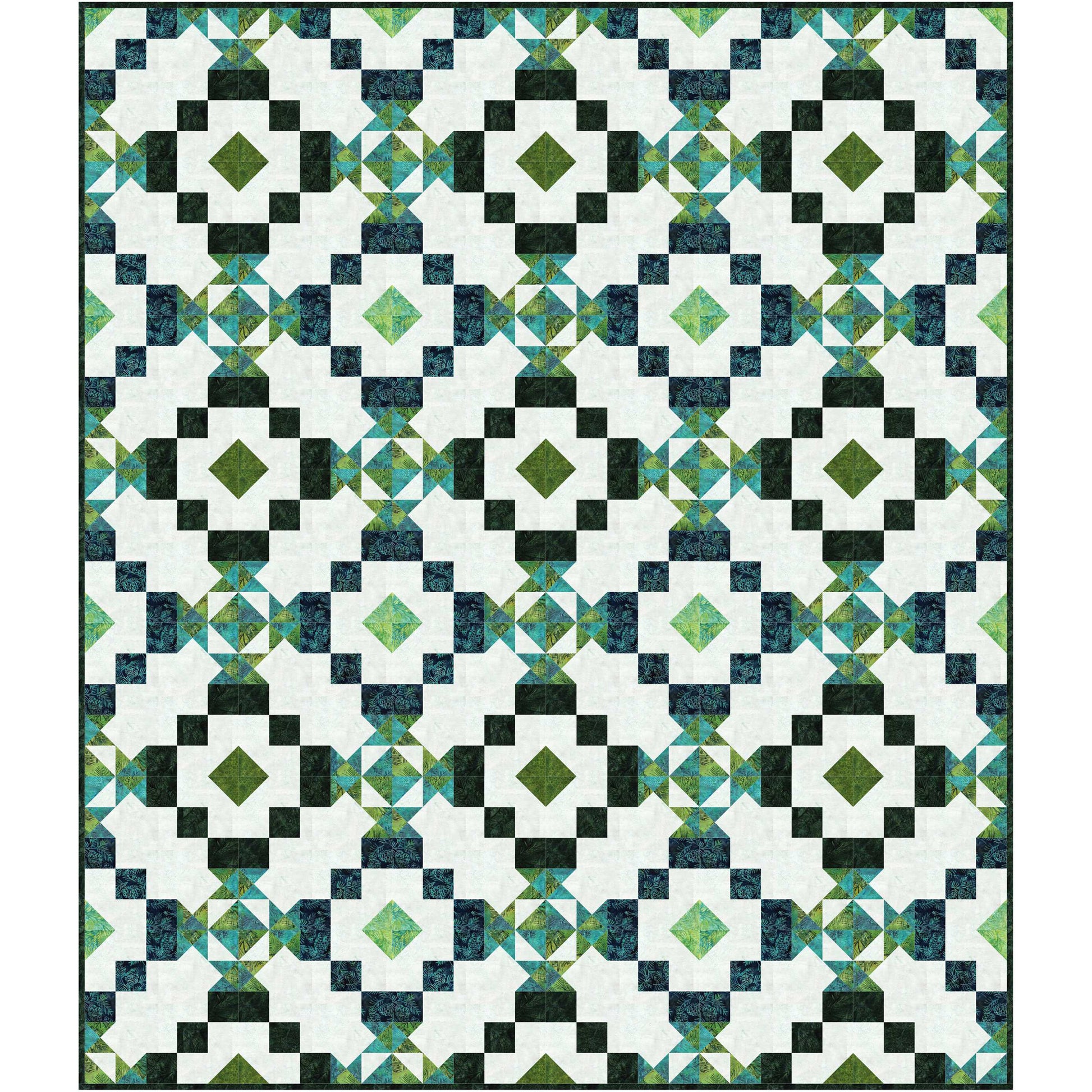 Vibrant quilt featuring green, blue, and white design.