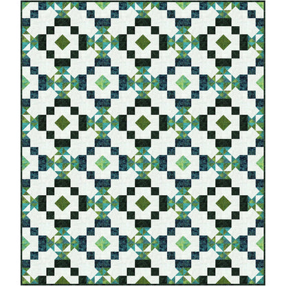 Vibrant quilt featuring green, blue, and white design.