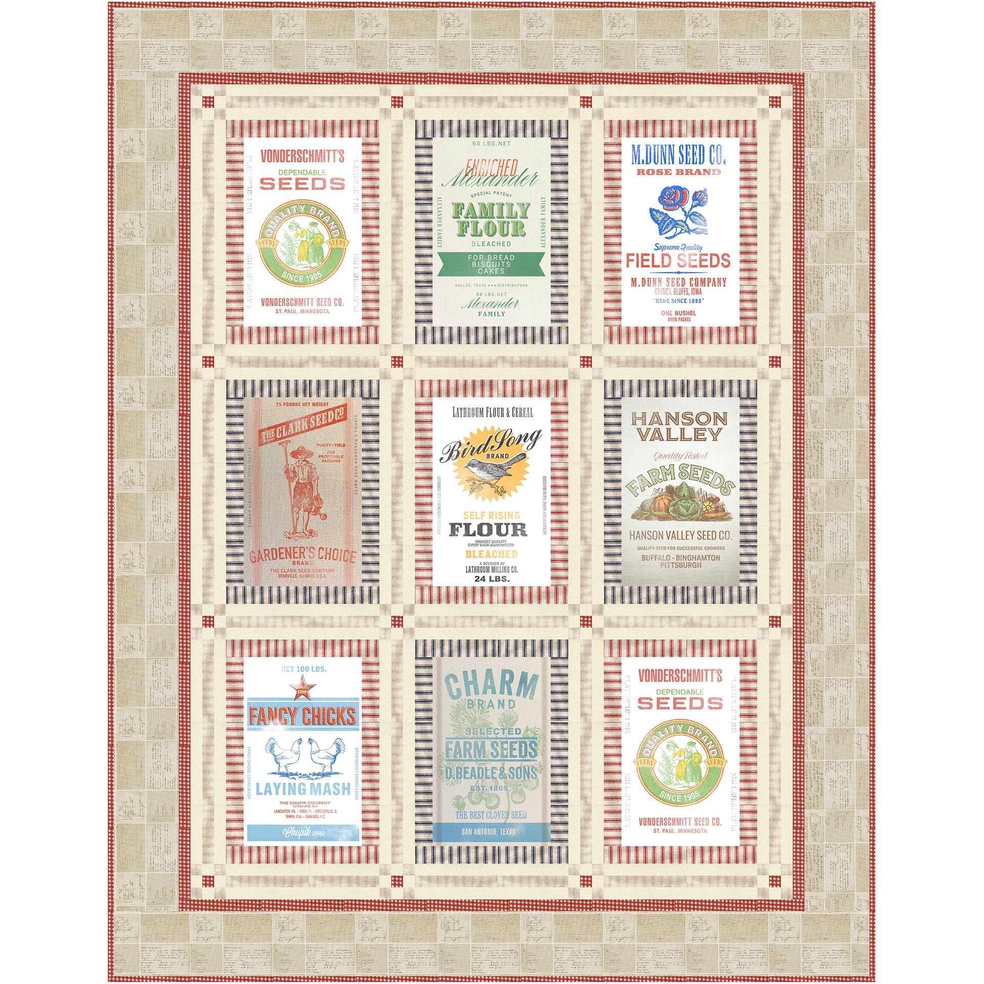 Country quilt featuring various food labels from feed sacks.  Lots of tans and cream with red accents.