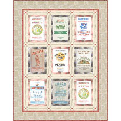 Country quilt featuring various food labels from feed sacks.  Lots of tans and cream with red accents.