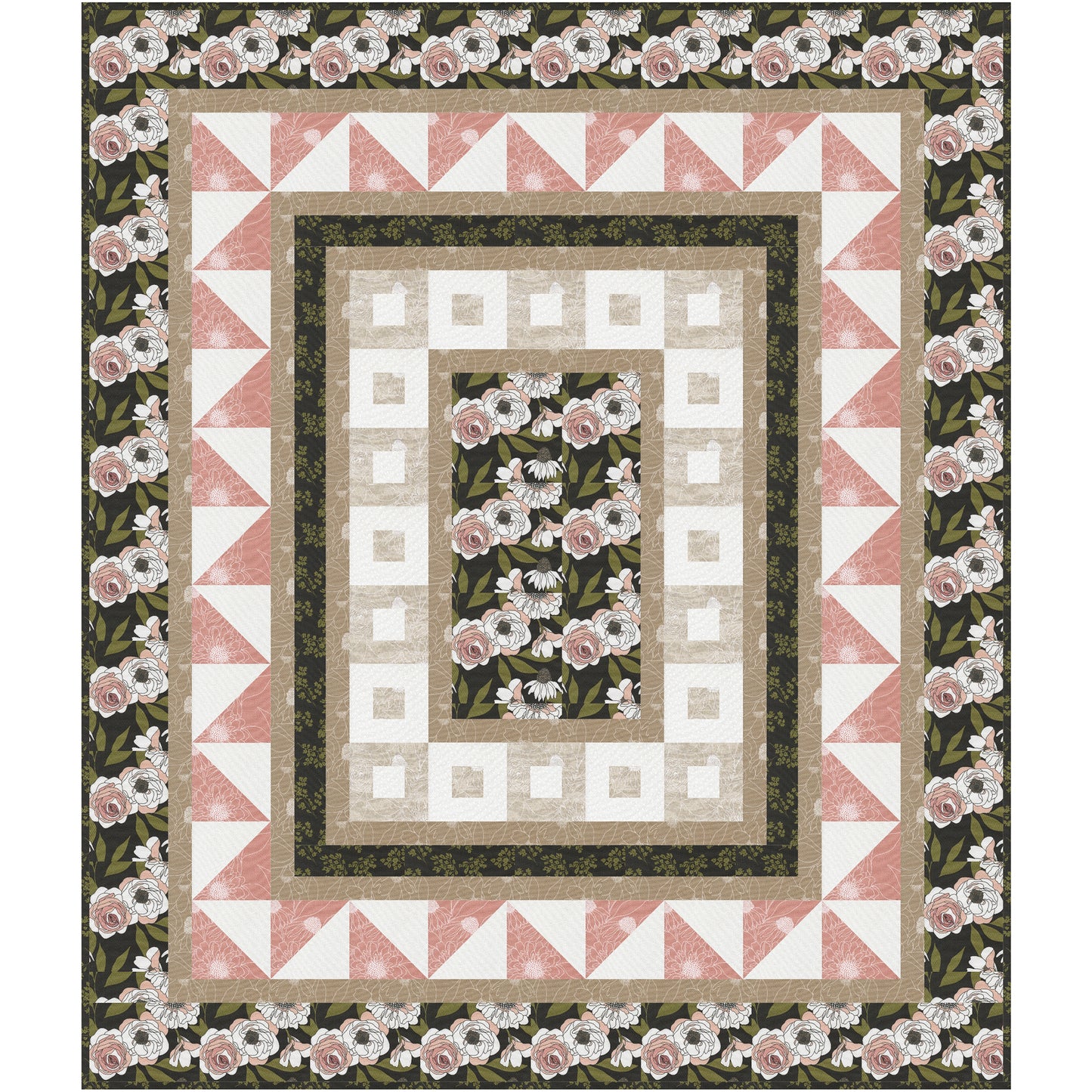 A quilt featuring delicate pink flowers surrounded by vibrant green leave with three borders including one with squares inside squares, triangles and last the same flower fabric. Beautiful way to showcase the flowers fabric in the middle.