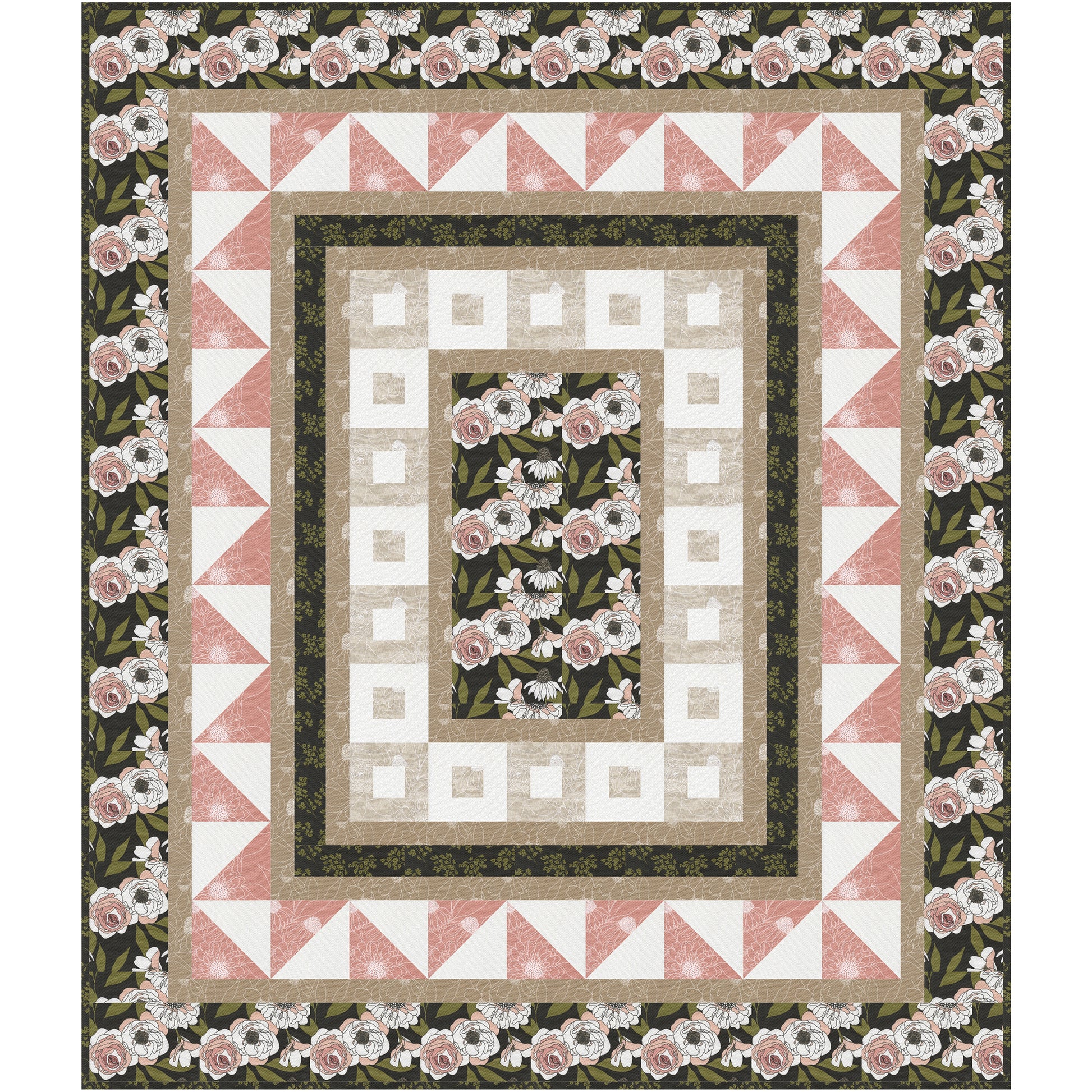 A quilt featuring delicate pink flowers surrounded by vibrant green leave with three borders including one with squares inside squares, triangles and last the same flower fabric. Beautiful way to showcase the flowers fabric in the middle.