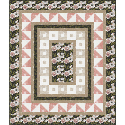 A quilt featuring delicate pink flowers surrounded by vibrant green leave with three borders including one with squares inside squares, triangles and last the same flower fabric. Beautiful way to showcase the flowers fabric in the middle.