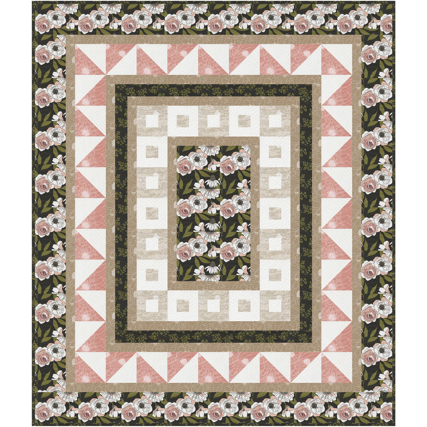 A quilt featuring delicate pink flowers surrounded by vibrant green leave with three borders including one with squares inside squares, triangles and last the same flower fabric. Beautiful way to showcase the flowers fabric in the middle.