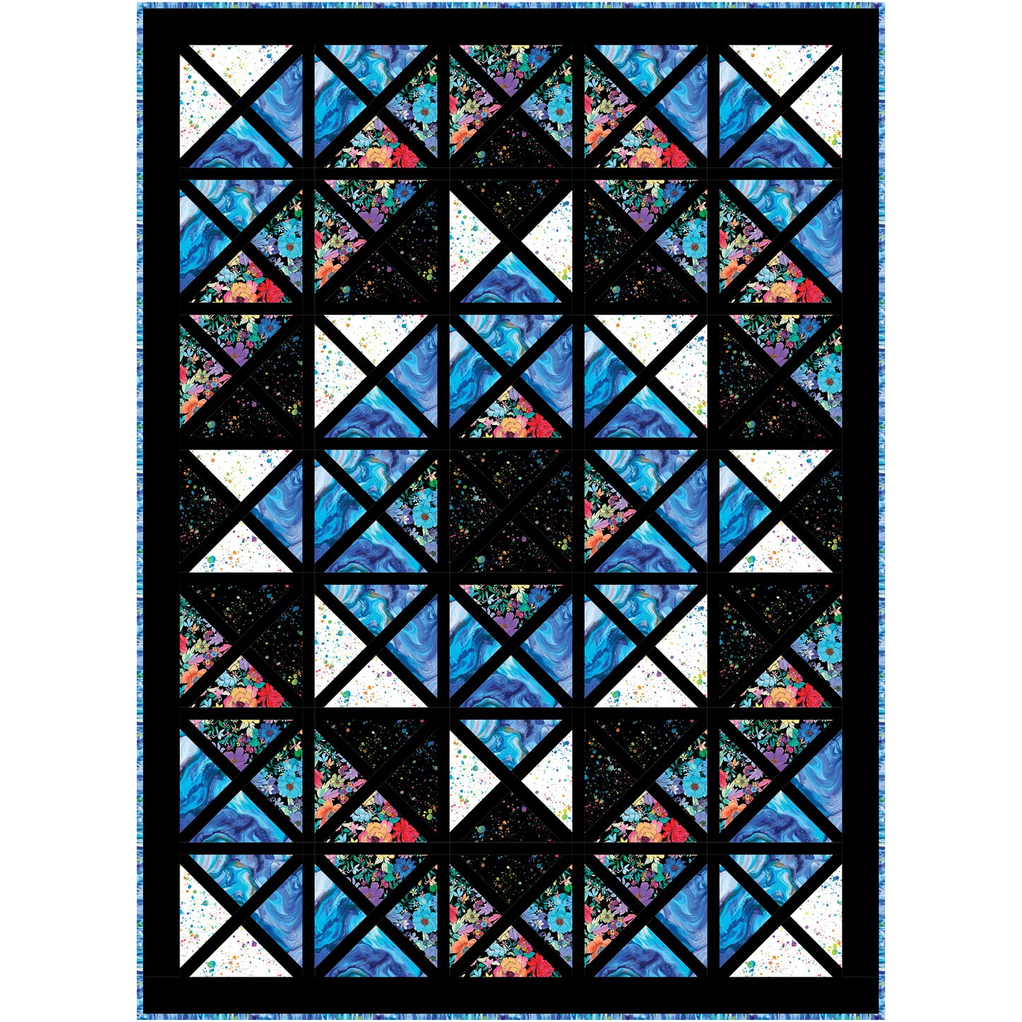 This quilt looks like a stained glass window with shades of blue.