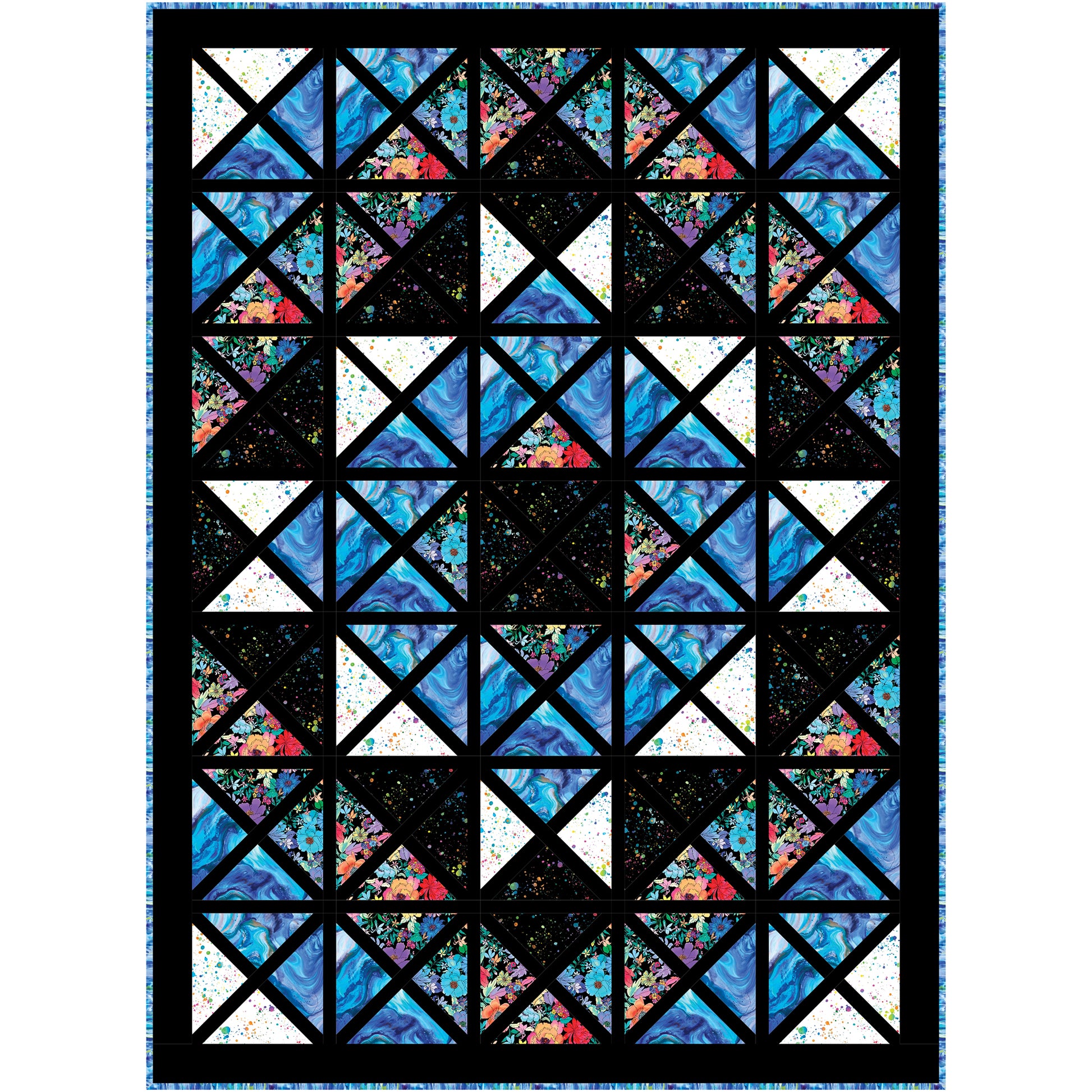 This quilt looks like a stained glass window with shades of blue.