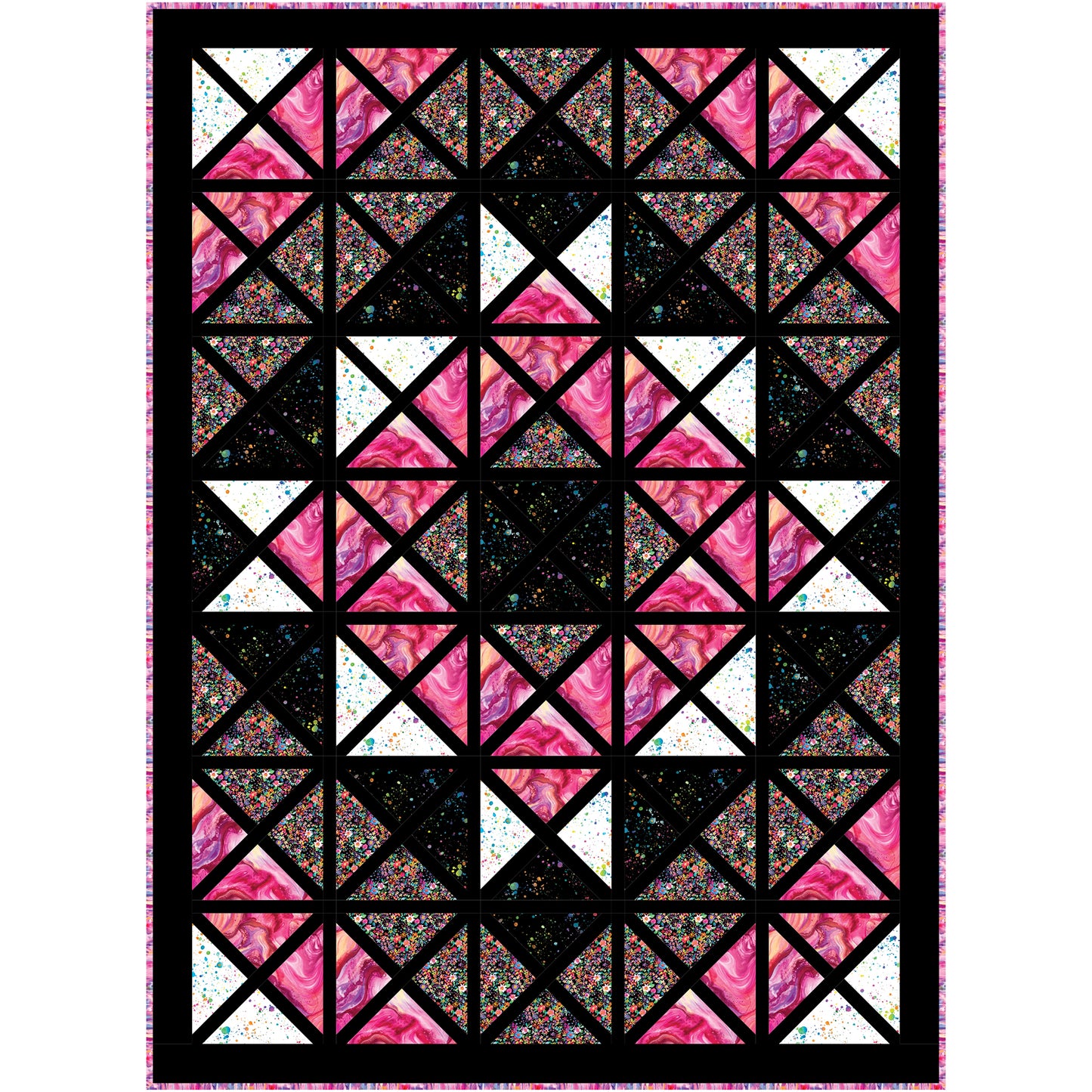 This quilt looks like a stained glass window with shades of pink.