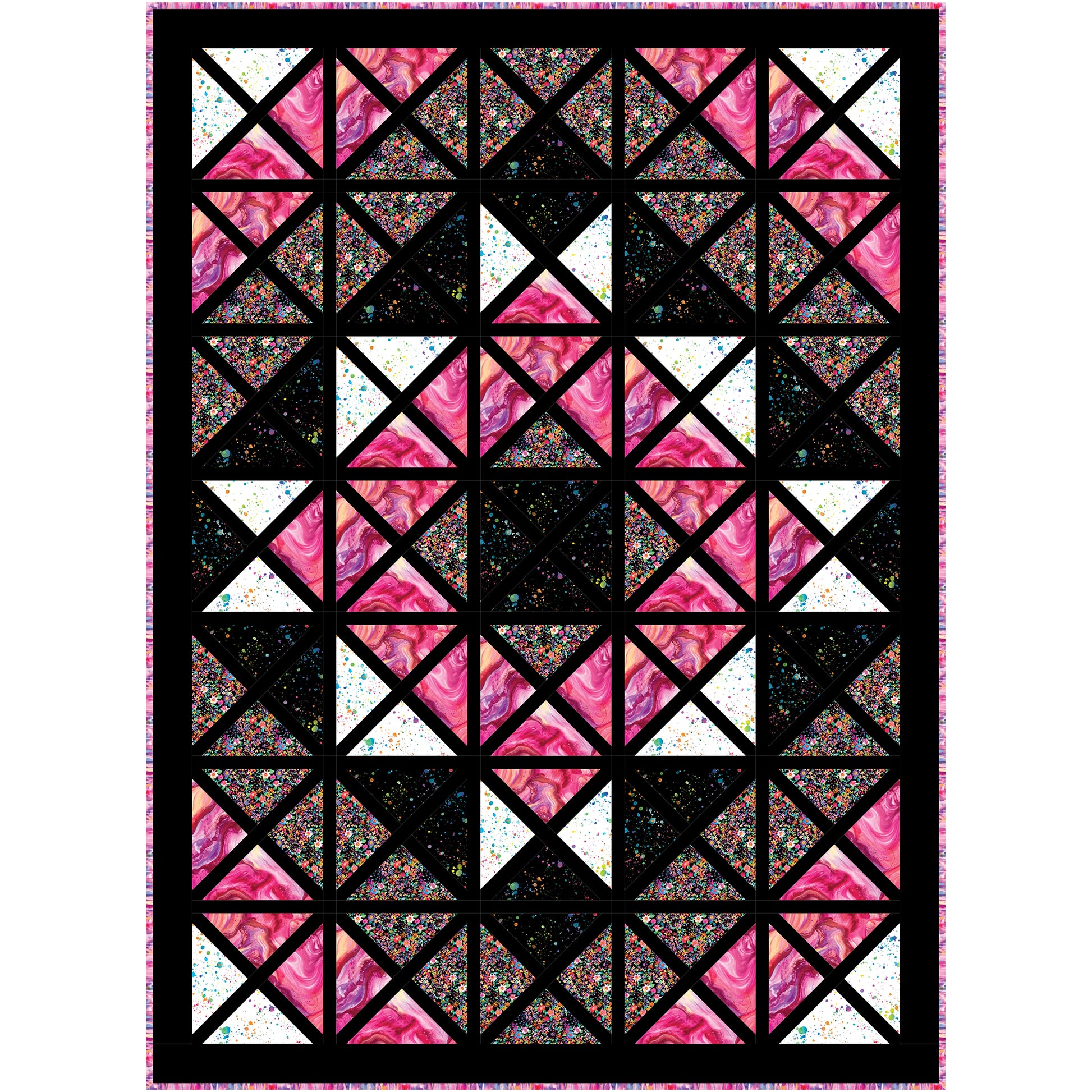 This quilt looks like a stained glass window with shades of pink.