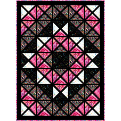 This quilt looks like a stained glass window with shades of pink.