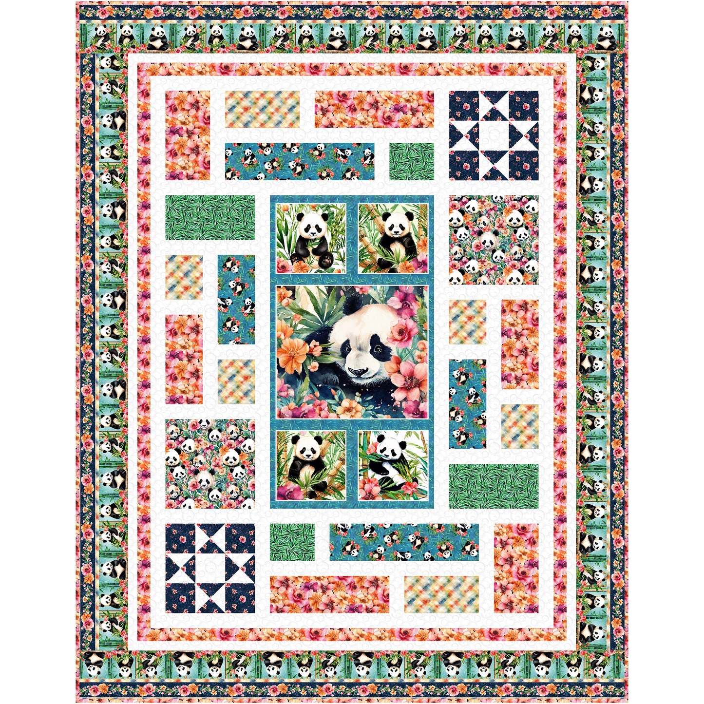 Step into a whimsical garden with the Panda Paradise quilt. This quilt is a celebration of nature, blending adorable wildlife with soft botanical elements. The heart of this quilt features a large, beautifully illustrated center panel, showcasing charming pandas. 
