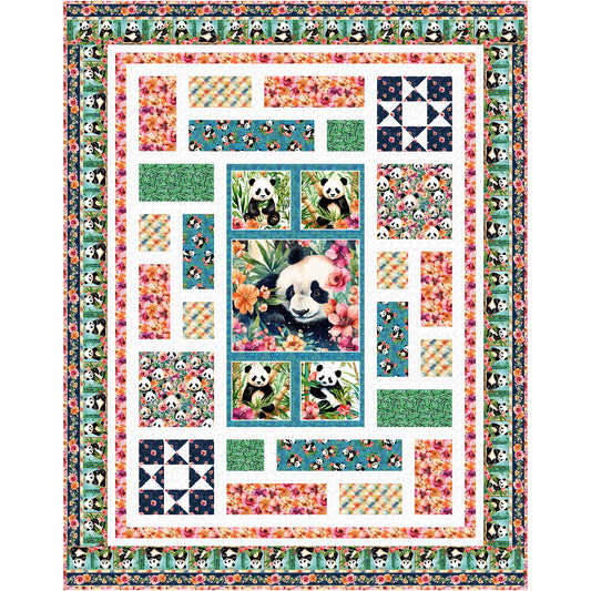 Step into a whimsical garden with the Panda Paradise quilt. This quilt is a celebration of nature, blending adorable wildlife with soft botanical elements. The heart of this quilt features a large, beautifully illustrated center panel, showcasing charming pandas. 