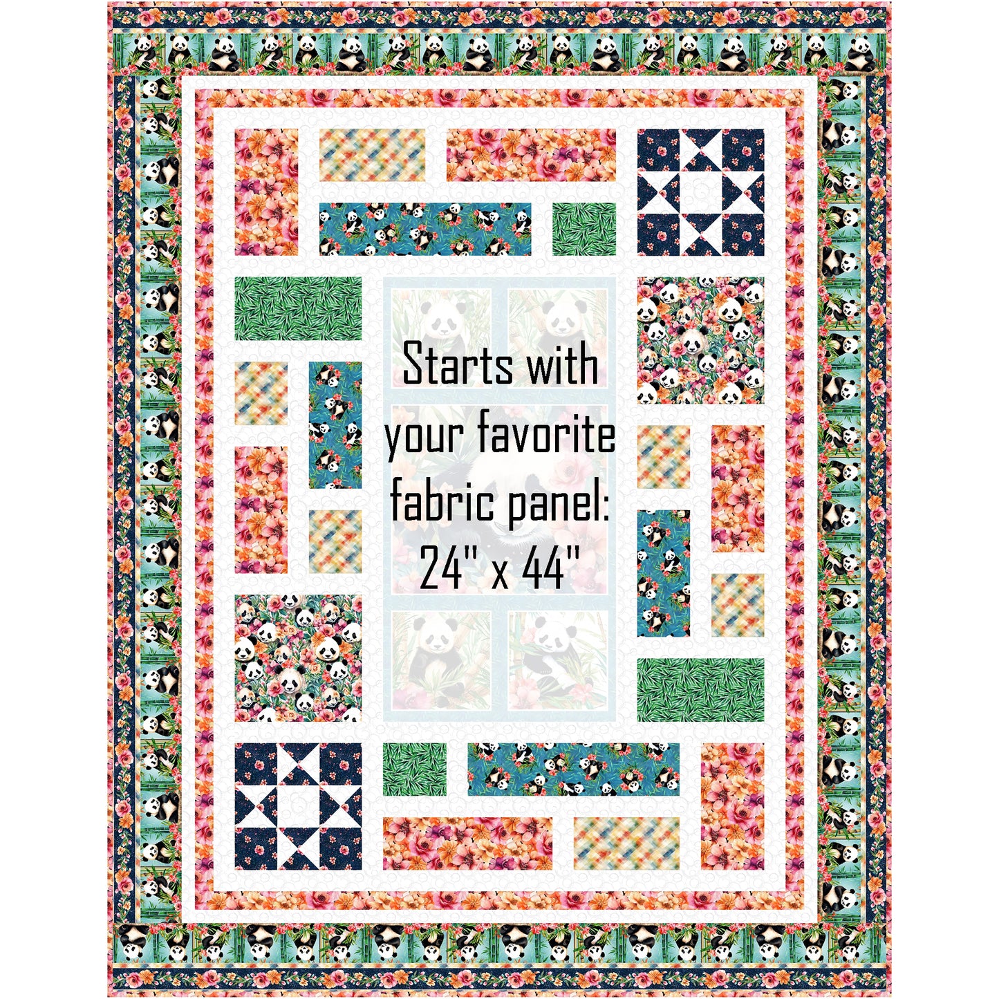 Step into a whimsical garden with the Panda Paradise quilt. This quilt is a celebration of nature, blending adorable wildlife with soft botanical elements. The heart of this quilt features a large, beautifully illustrated center panel, showcasing charming pandas.  Middle, where the panel would go is highlighted to show you can use any panel size 24-inches by 44-inches.
