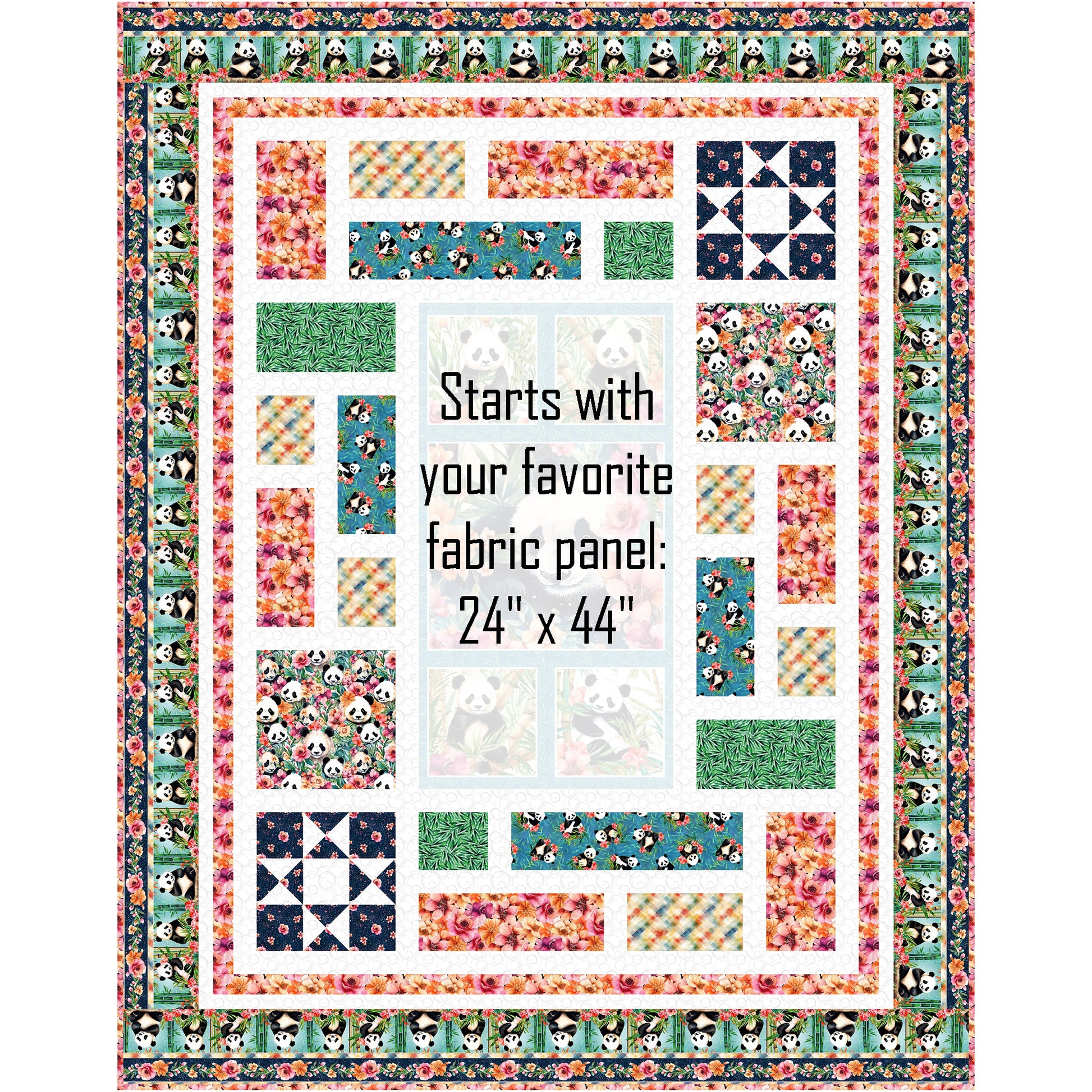Step into a whimsical garden with the Panda Paradise quilt. This quilt is a celebration of nature, blending adorable wildlife with soft botanical elements. The heart of this quilt features a large, beautifully illustrated center panel, showcasing charming pandas.  Middle, where the panel would go is highlighted to show you can use any panel size 24-inches by 44-inches.