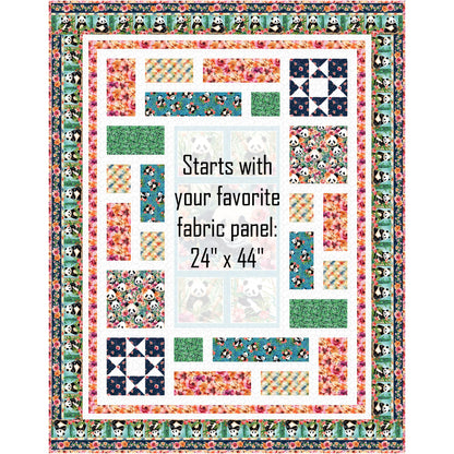 Step into a whimsical garden with the Panda Paradise quilt. This quilt is a celebration of nature, blending adorable wildlife with soft botanical elements. The heart of this quilt features a large, beautifully illustrated center panel, showcasing charming pandas.  Middle, where the panel would go is highlighted to show you can use any panel size 24-inches by 44-inches.