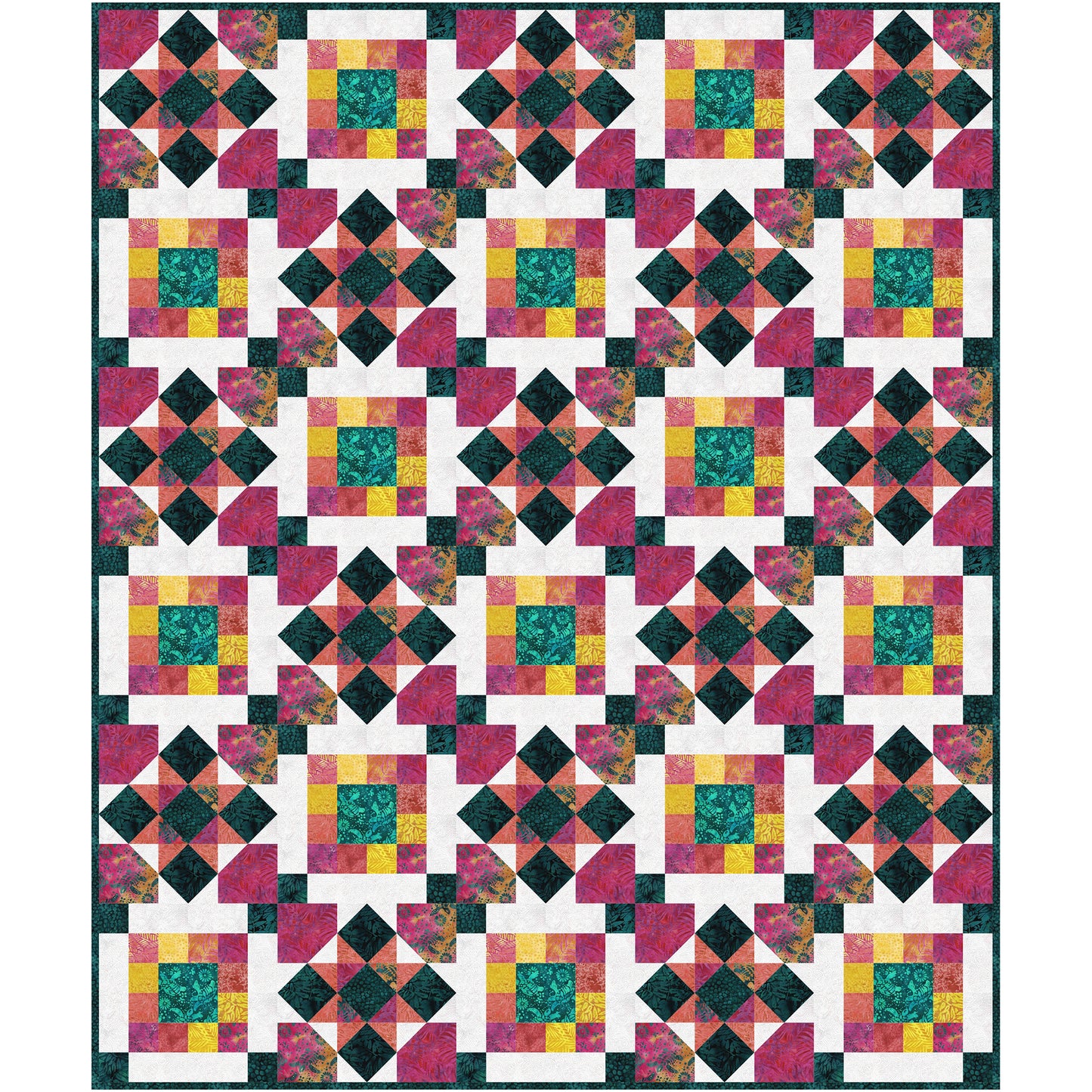 A vibrant quilt featuring a square pattern in various colors. Squares are multiple colors with one color in the middle. Each square is centered in diamonds with lots of colors and designs to make it really fancy looking.