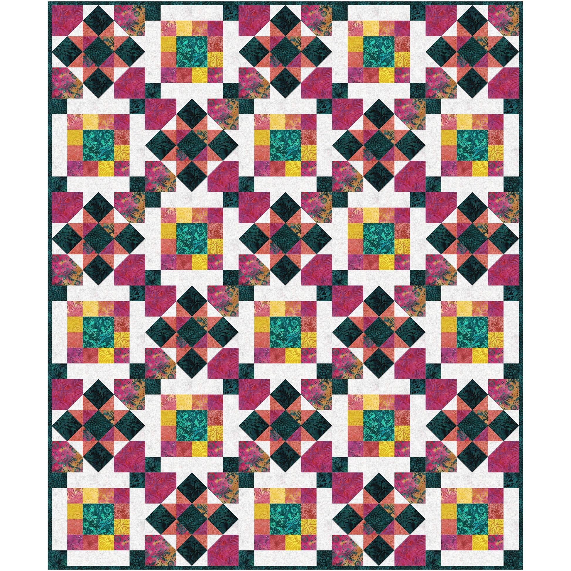 A vibrant quilt featuring a square pattern in various colors. Squares are multiple colors with one color in the middle. Each square is centered in diamonds with lots of colors and designs to make it really fancy looking.