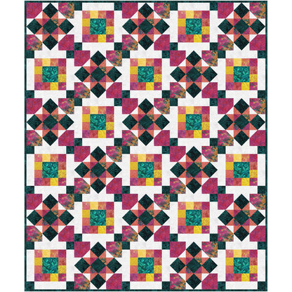 A vibrant quilt featuring a square pattern in various colors. Squares are multiple colors with one color in the middle. Each square is centered in diamonds with lots of colors and designs to make it really fancy looking.