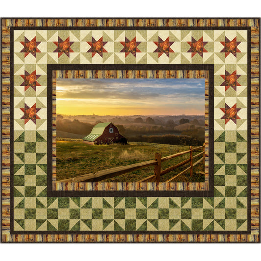 Beautiful quilt features a farm panel with stars border on top and other blocks on bottom. Rustic feel.