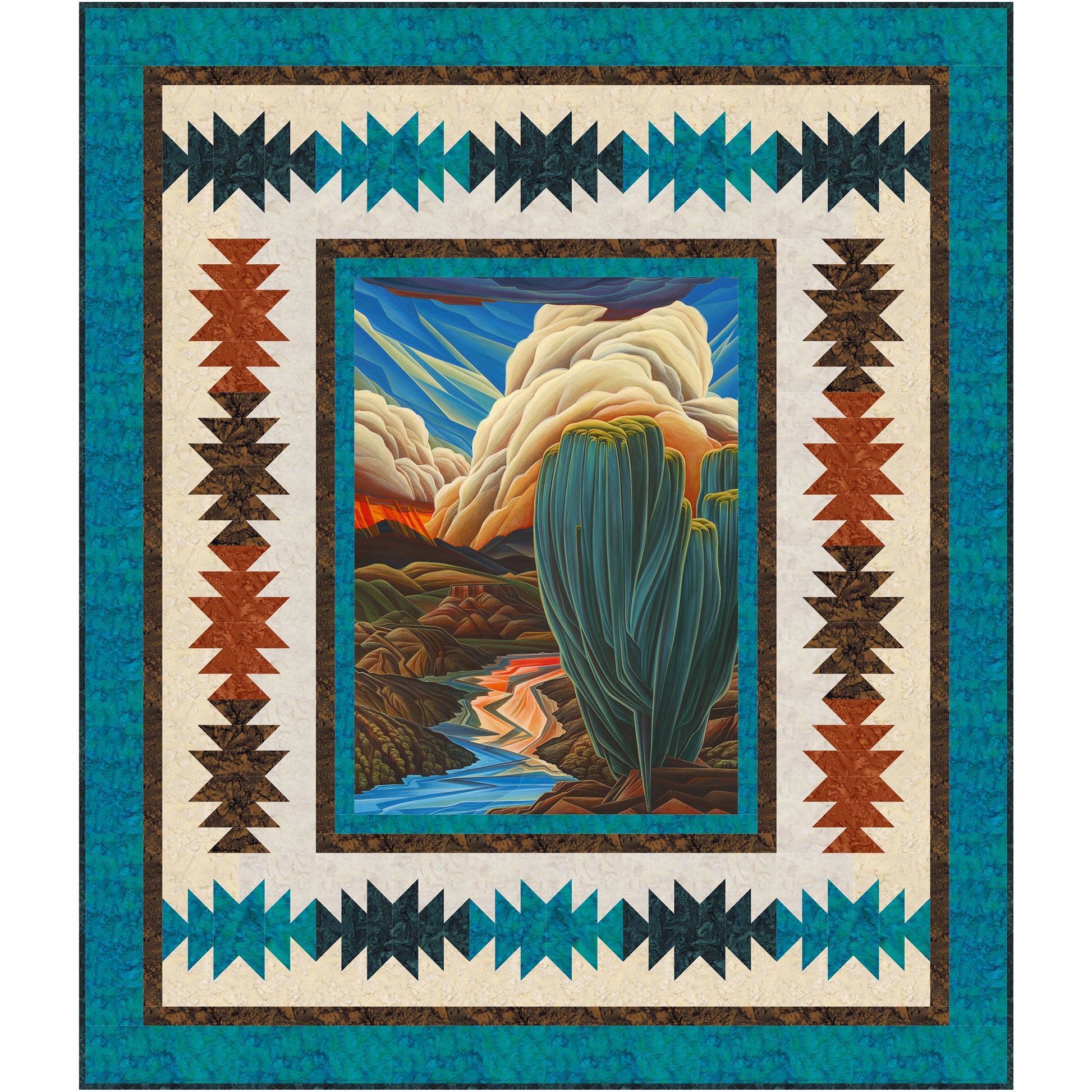 The Southwest Kaleidoscope quilt brings together the timeless beauty of Southwestern art with a striking, contemporary twist. At the heart of this design lies a beautiful panel featuring the exquisite artwork of William Haskell, renowned for his vivid depictions of the desert landscape, indigenous motifs, and iconic symbols of the Southwest. This central panel acts as the focal point, drawing the eye into a captivating kaleidoscope of color and culture. 