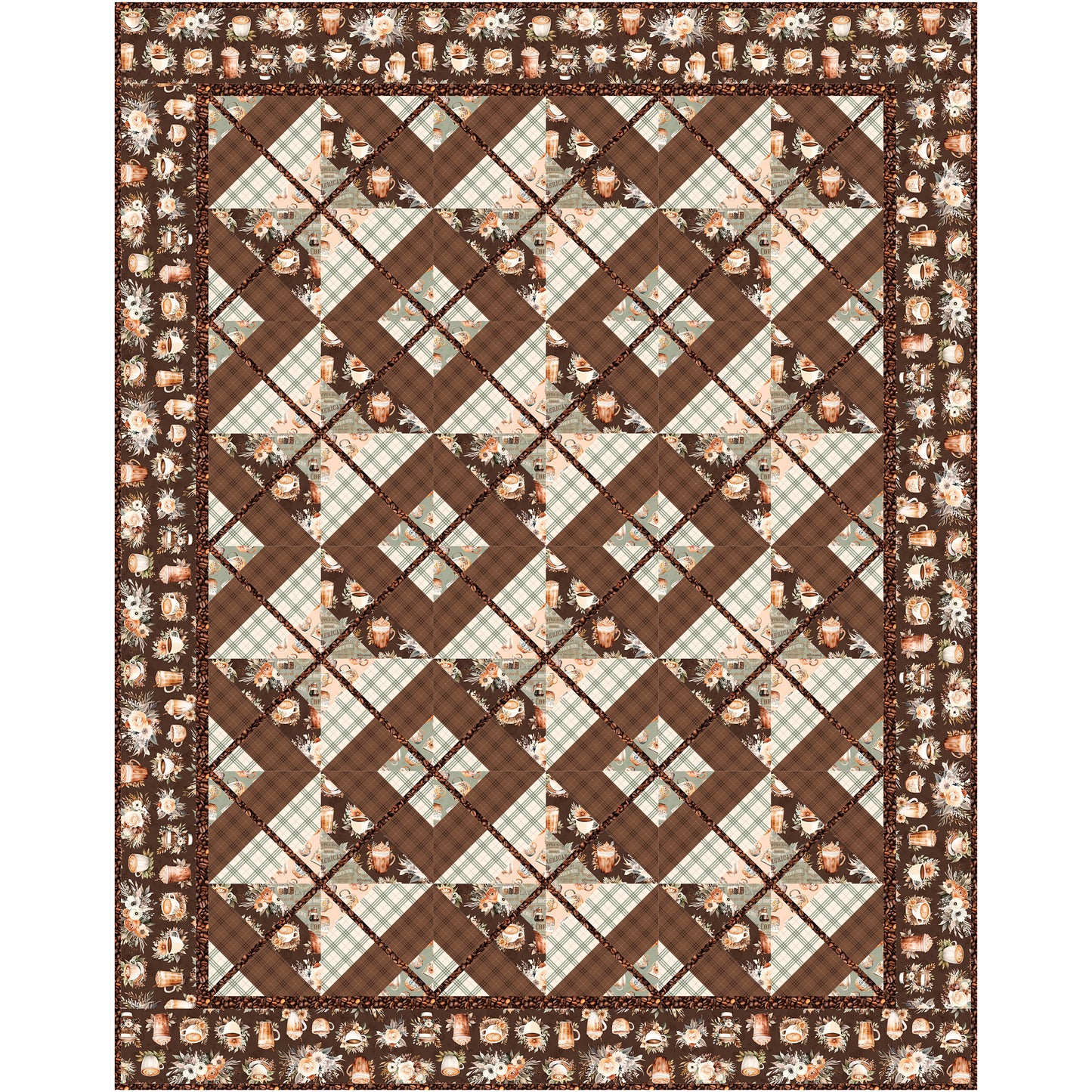 This quilt brings together rich espresso browns, creamy vanillas, and soft sage greens to create a soothing, earthy palette that feels right at home in any space. The piecing cleverly mimics the look of classic plaid.