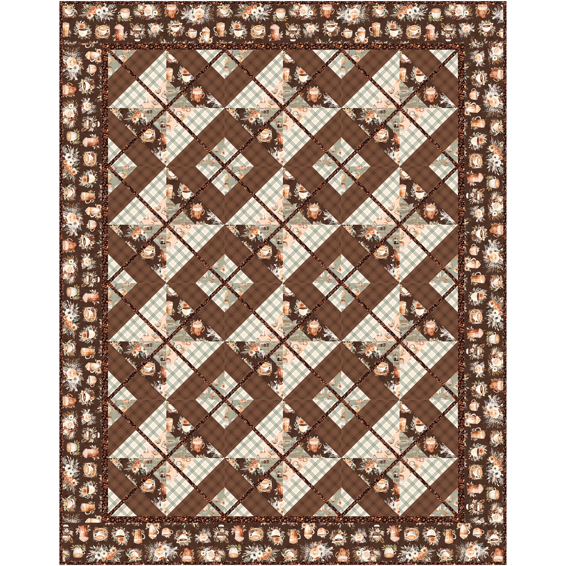 This quilt brings together rich espresso browns, creamy vanillas, and soft sage greens to create a soothing, earthy palette that feels right at home in any space. The piecing cleverly mimics the look of classic plaid.