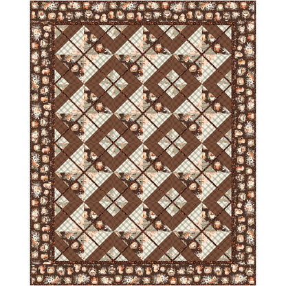 This quilt brings together rich espresso browns, creamy vanillas, and soft sage greens to create a soothing, earthy palette that feels right at home in any space. The piecing cleverly mimics the look of classic plaid.