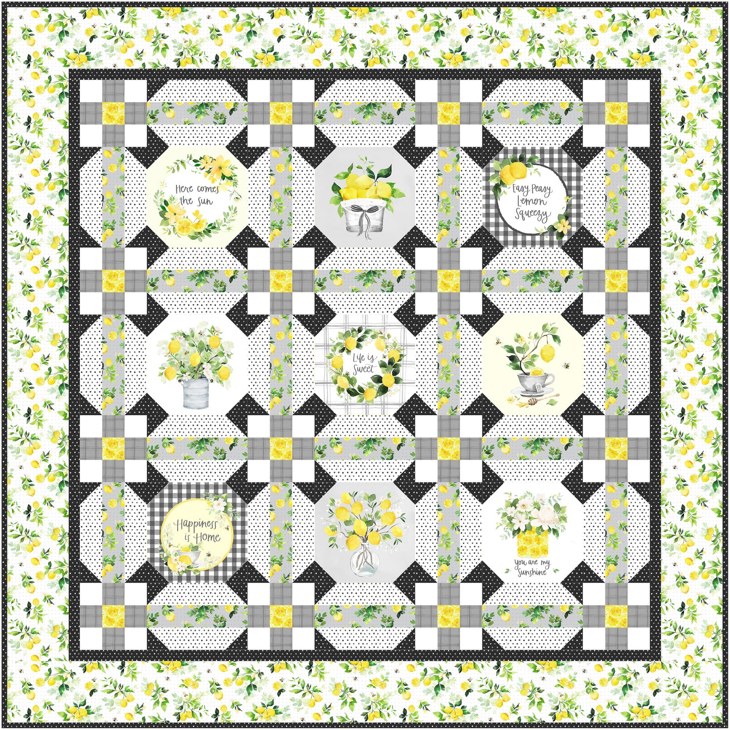 Lemon Squeezy is a pretty and refreshing quilt that feels like a burst of sunshine. The quilt highlights a palette of sunny yellows, soft greys, and fresh greens. The panels are lemon related with sayings, trees, wreaths, etc.