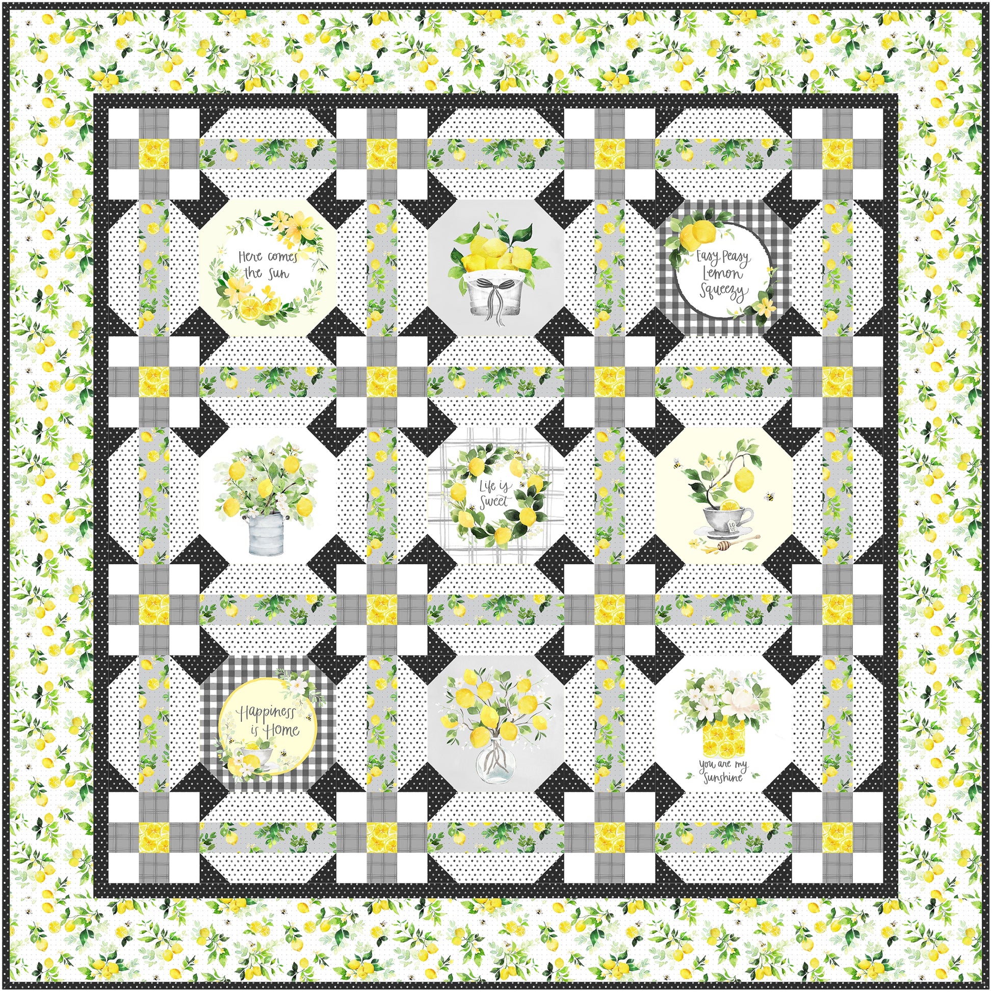Lemon Squeezy is a pretty and refreshing quilt that feels like a burst of sunshine. The quilt highlights a palette of sunny yellows, soft greys, and fresh greens. The panels are lemon related with sayings, trees, wreaths, etc.