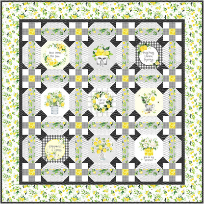 Lemon Squeezy is a pretty and refreshing quilt that feels like a burst of sunshine. The quilt highlights a palette of sunny yellows, soft greys, and fresh greens. The panels are lemon related with sayings, trees, wreaths, etc.