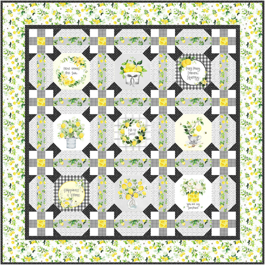 Lemon Squeezy is a pretty and refreshing quilt that feels like a burst of sunshine. The quilt highlights a palette of sunny yellows, soft greys, and fresh greens. The panels are lemon related with sayings, trees, wreaths, etc.