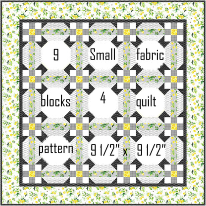 Lemon Squeezy is a pretty and refreshing quilt that feels like a burst of sunshine. The quilt highlights a palette of sunny yellows, soft greys, and fresh greens. The panels are lemon related with sayings, trees, wreaths, etc.
The panel blocks have been whited out to show where yours would go.  There are 9 blocks that are 9 and half inches square.