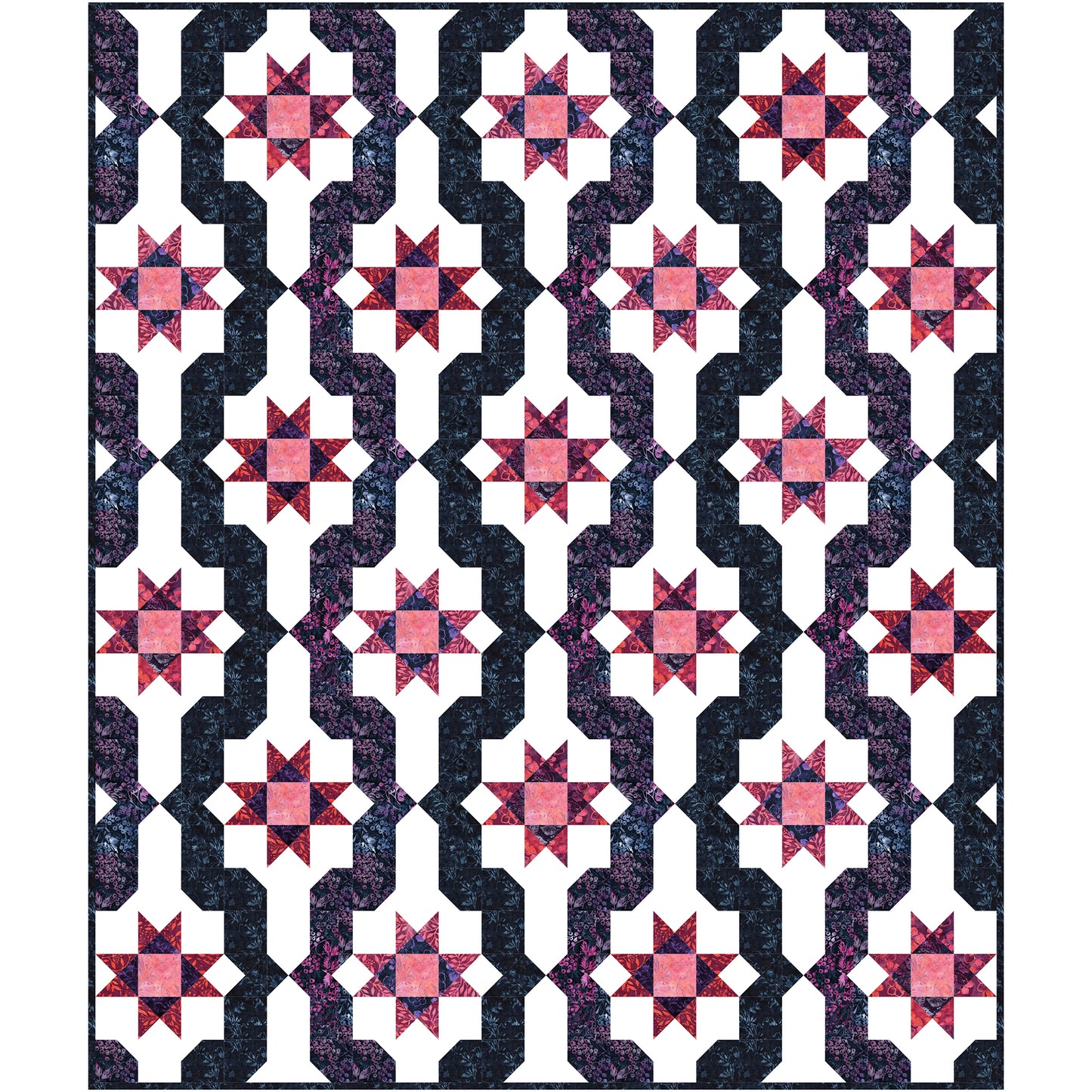 This quilt features rich, bold berry colors that flow across the quilt top in gentle waves and bright stars.