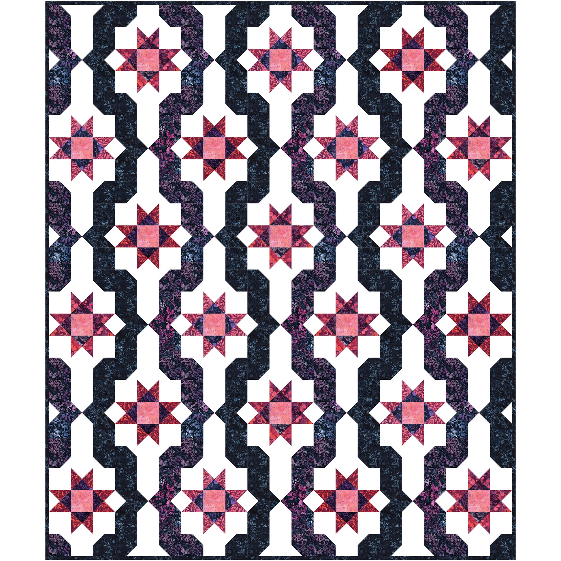 This quilt features rich, bold berry colors that flow across the quilt top in gentle waves and bright stars.
