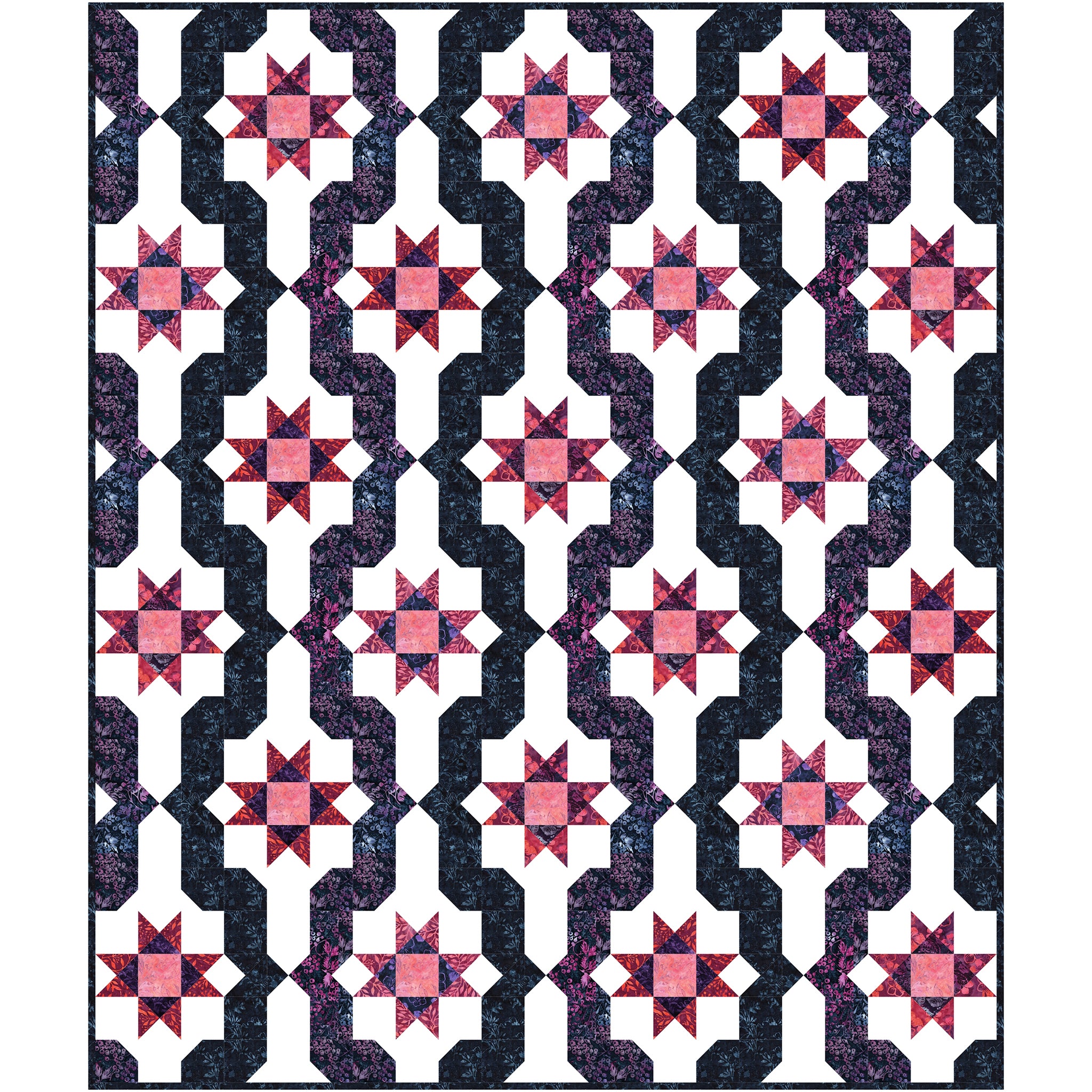 This quilt features rich, bold berry colors that flow across the quilt top in gentle waves and bright stars.