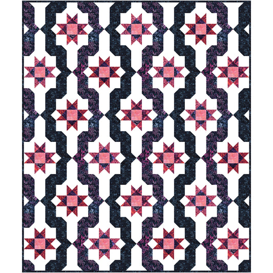 This quilt features rich, bold berry colors that flow across the quilt top in gentle waves and bright stars.
