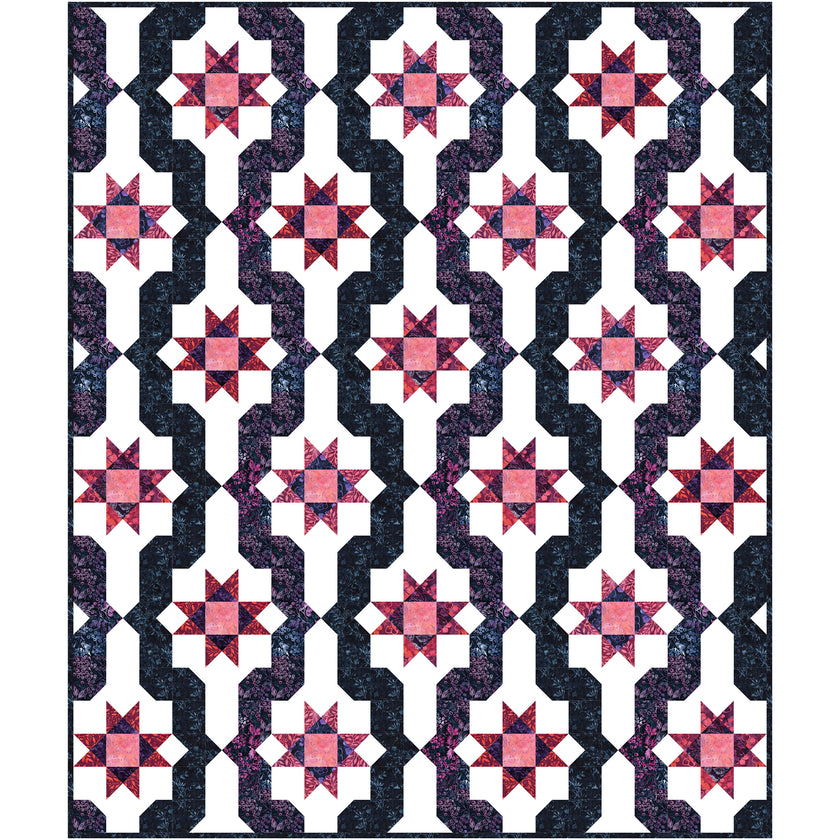 This quilt features rich, bold berry colors that flow across the quilt top in gentle waves and bright stars.
