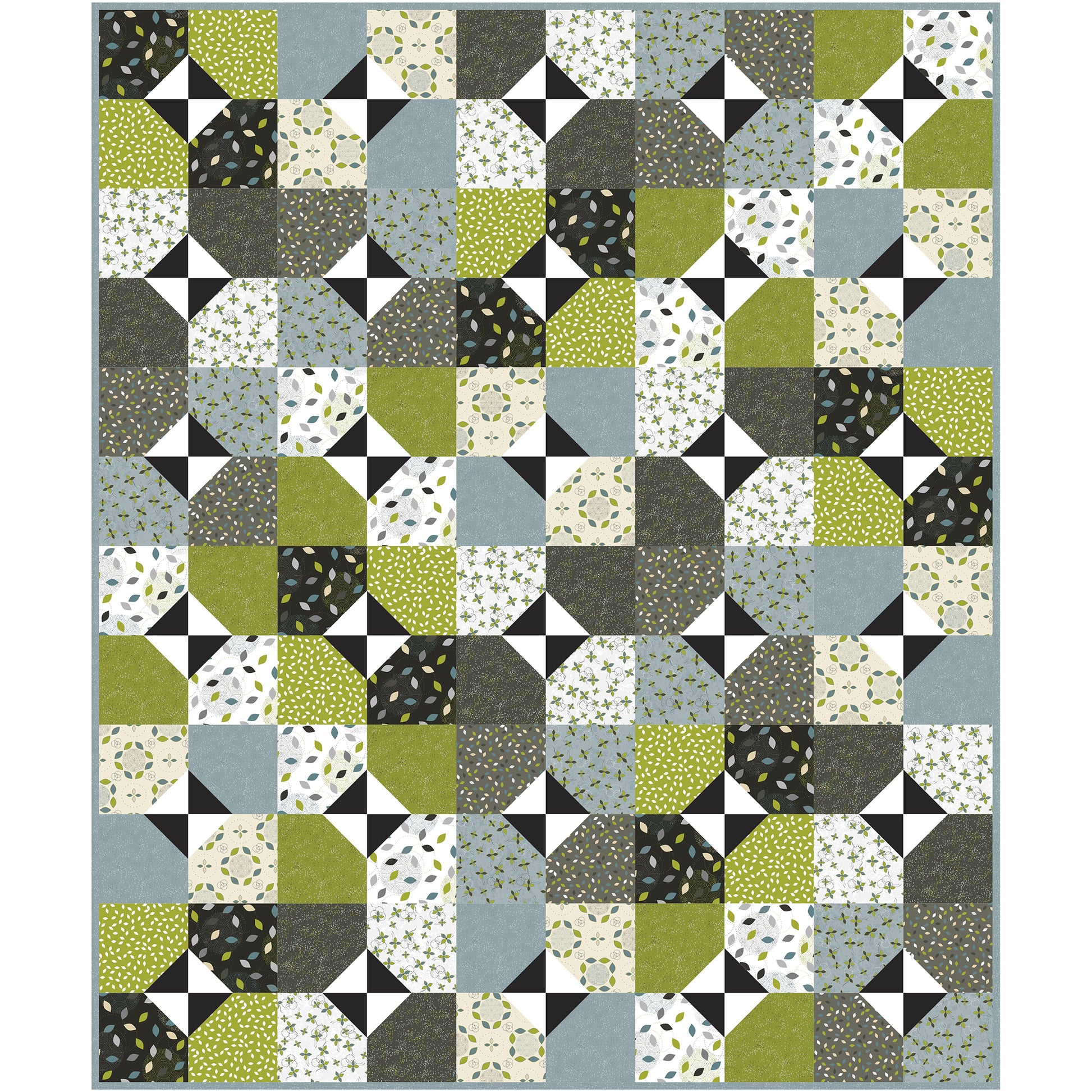 Renewal is a fun quilt that brings a fresh, modern vibe to your home. The quilt design showcases funky greens paired with cool grey-blue tones for a look that feels lively yet soothing.  Each block is four fabrics with a snowball cut.