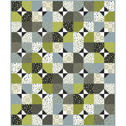 Renewal is a fun quilt that brings a fresh, modern vibe to your home. The quilt design showcases funky greens paired with cool grey-blue tones for a look that feels lively yet soothing.  Each block is four fabrics with a snowball cut.