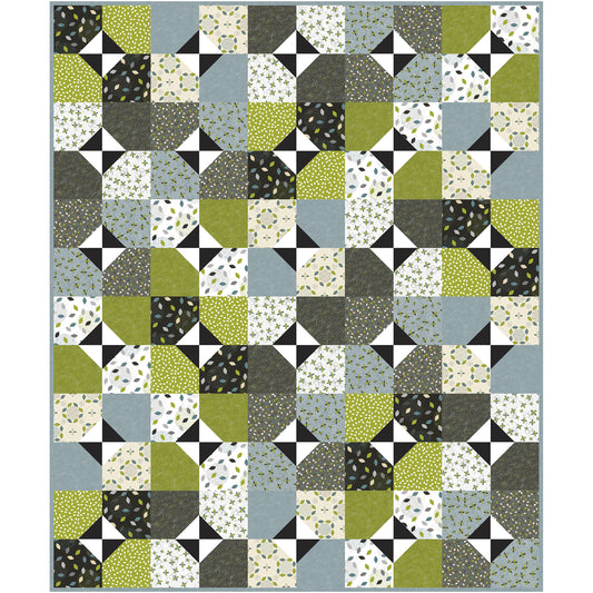 Renewal is a fun quilt that brings a fresh, modern vibe to your home. The quilt design showcases funky greens paired with cool grey-blue tones for a look that feels lively yet soothing.  Each block is four fabrics with a snowball cut.