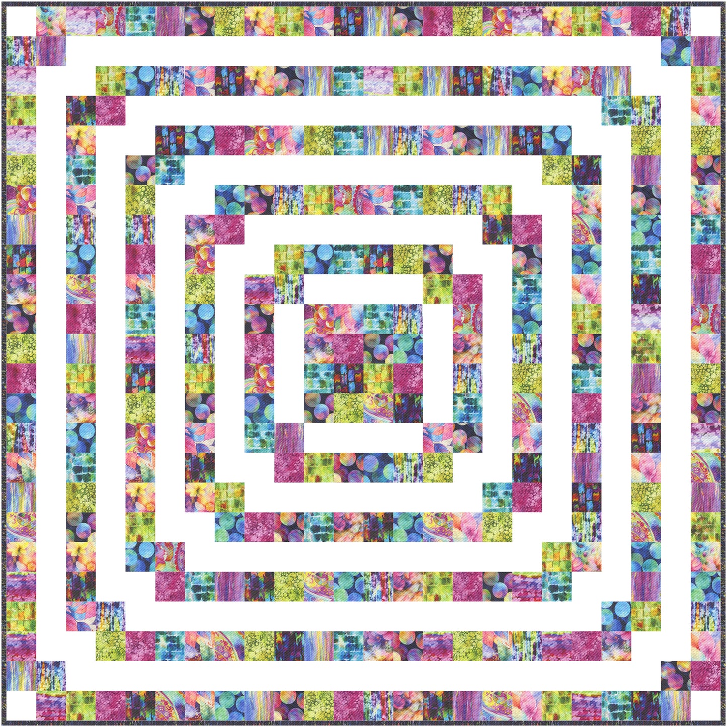 Gradient Echo is a fun and funky quilt that makes a bold statement with color and design. Bright colored fabric is used in rings around the white background.  Looks like the soundwave of an echo.