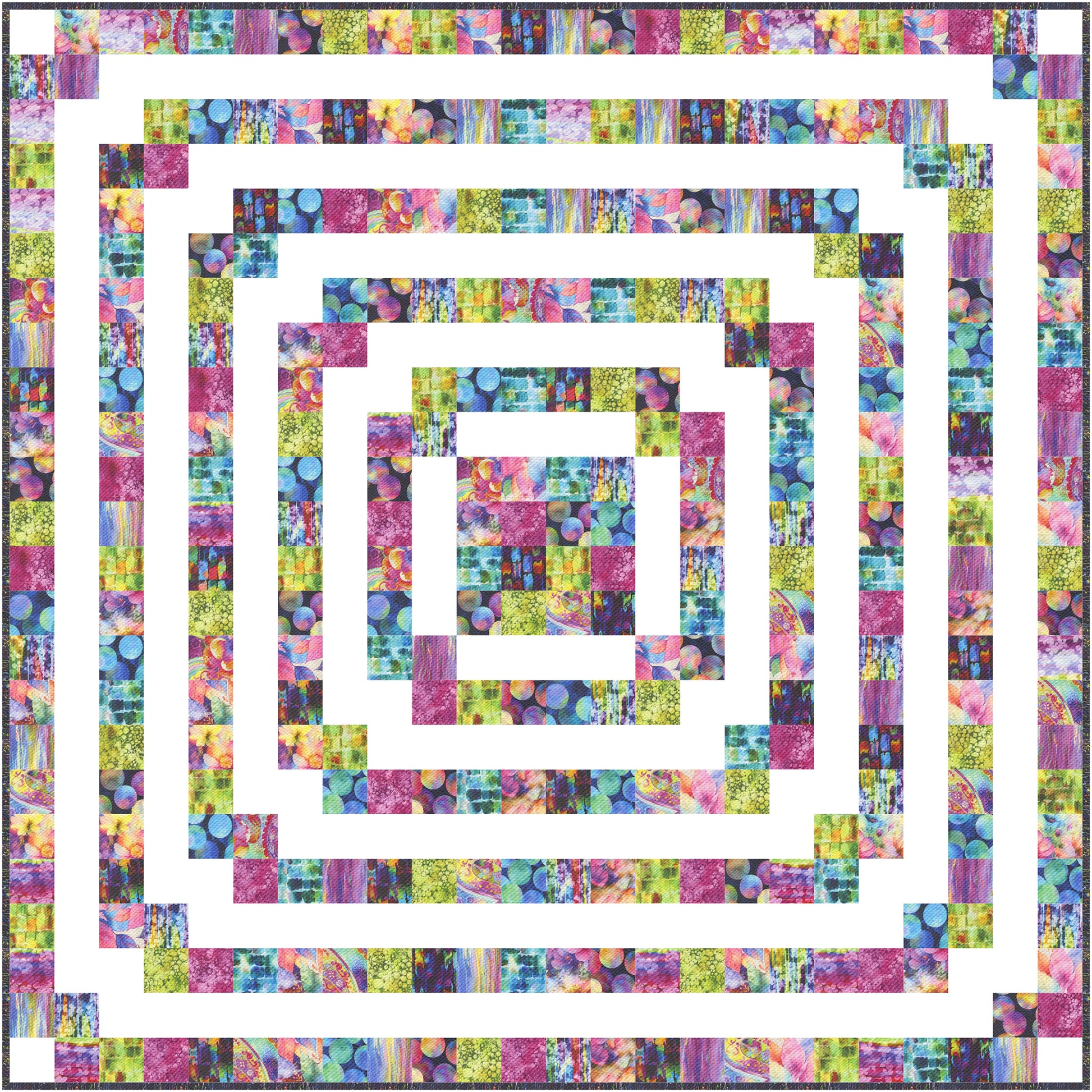 Gradient Echo is a fun and funky quilt that makes a bold statement with color and design. Bright colored fabric is used in rings around the white background.  Looks like the soundwave of an echo.